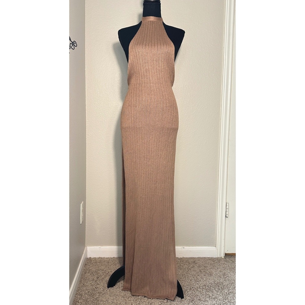 Flook the Label Zadia Knit Halter Maxi Dress Tan REVOLVE Slinky Resort Medium - Picture 2 of 14
